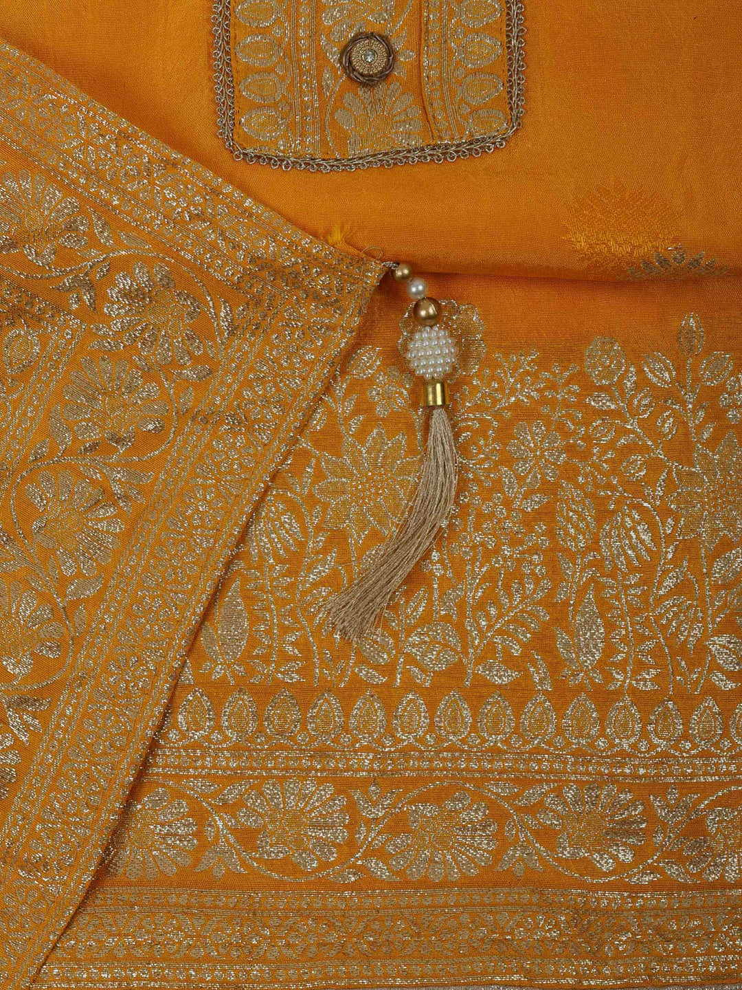 Mustard Chanderi Embroidered Unstitched Dress Material