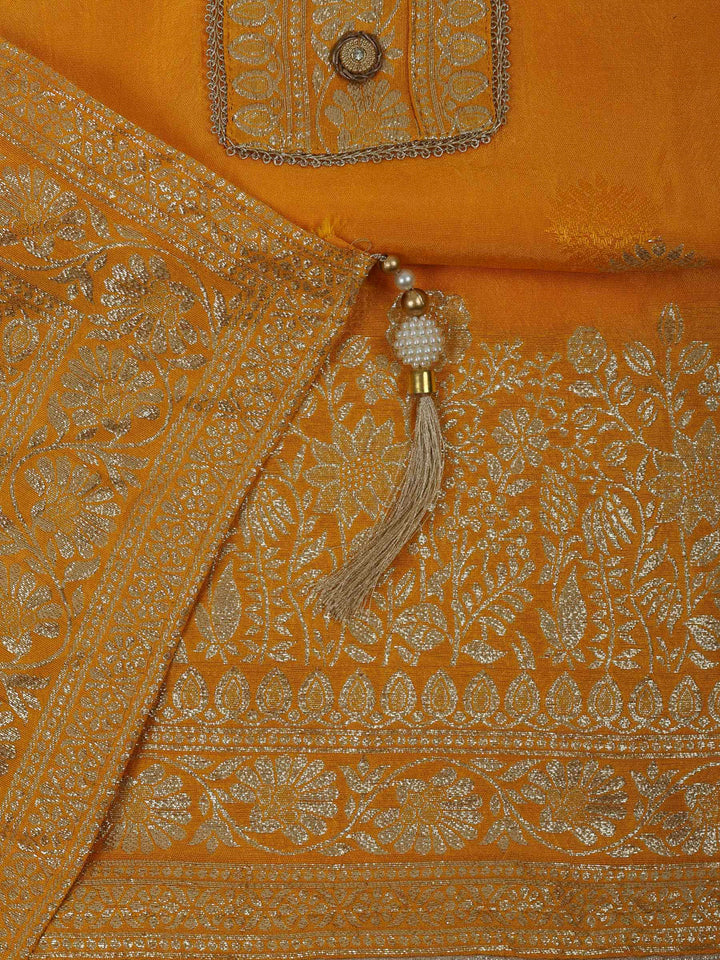 Mustard Chanderi Embroidered Unstitched Dress Material