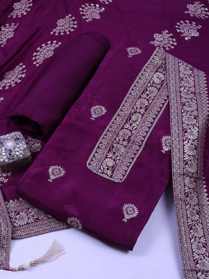 Purple Chanderi Embroidered Unstitched Dress Material