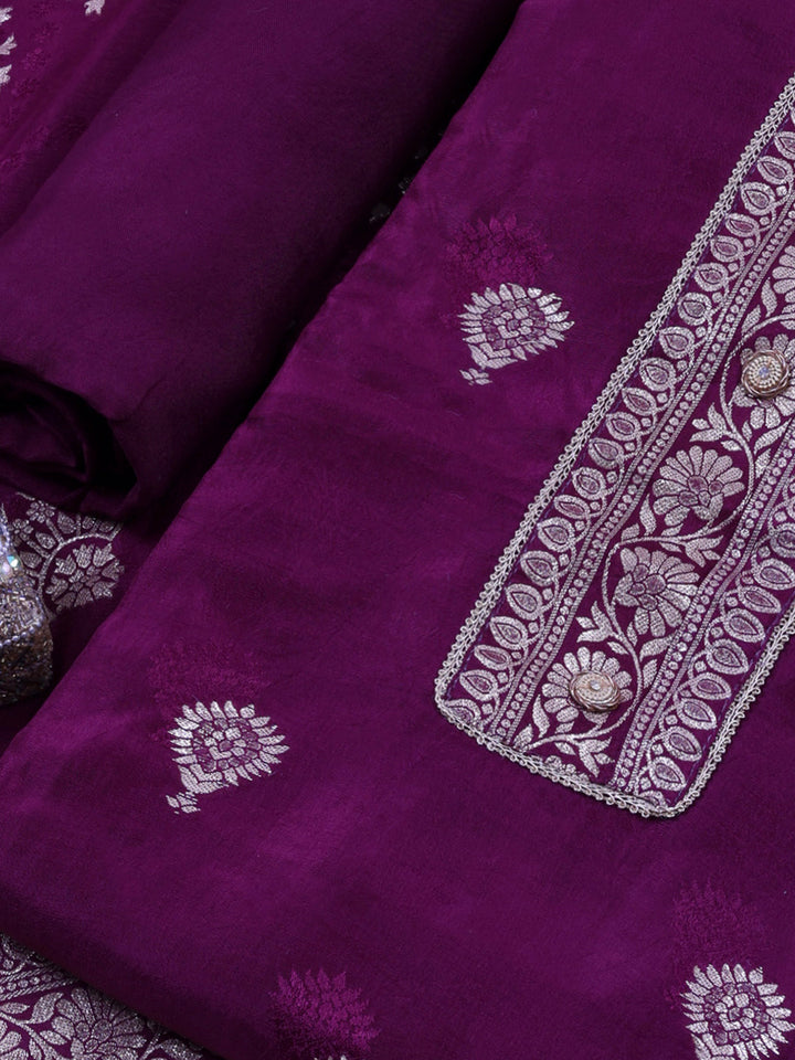Purple Chanderi Embroidered Unstitched Dress Material