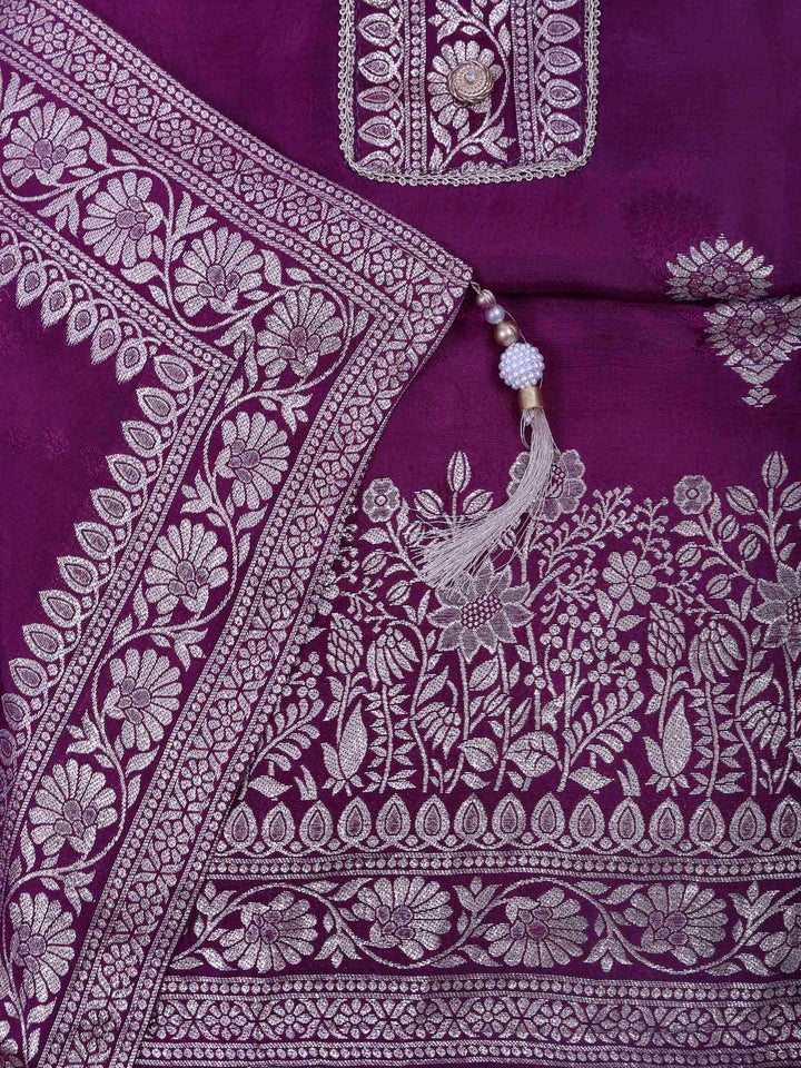 Purple Chanderi Embroidered Unstitched Dress Material