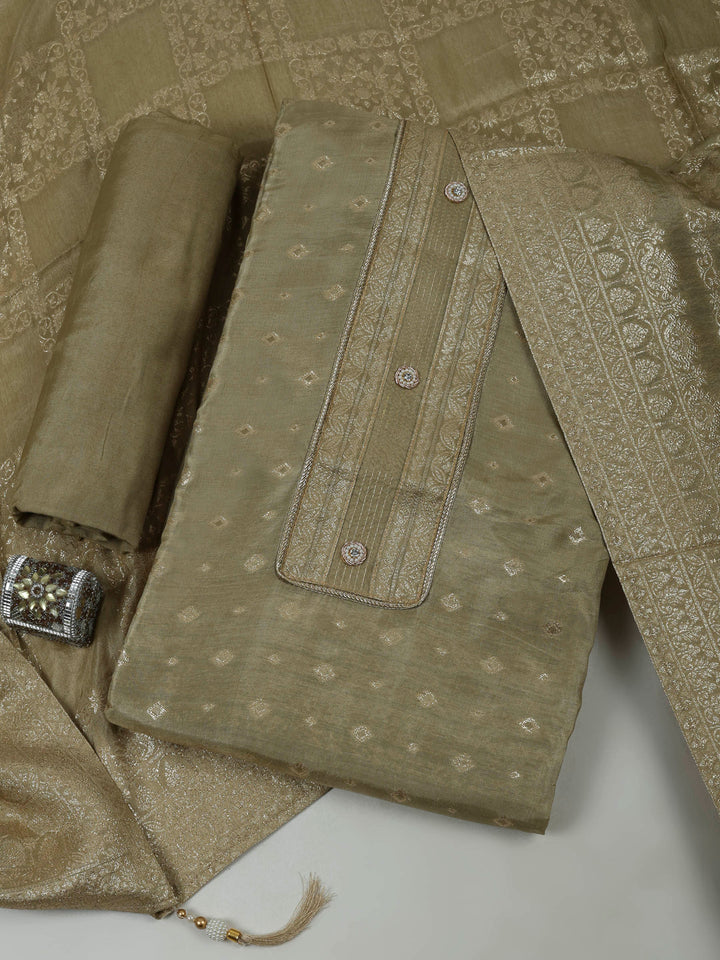 Beige Chanderi Embroidered Unstitched Dress Material
