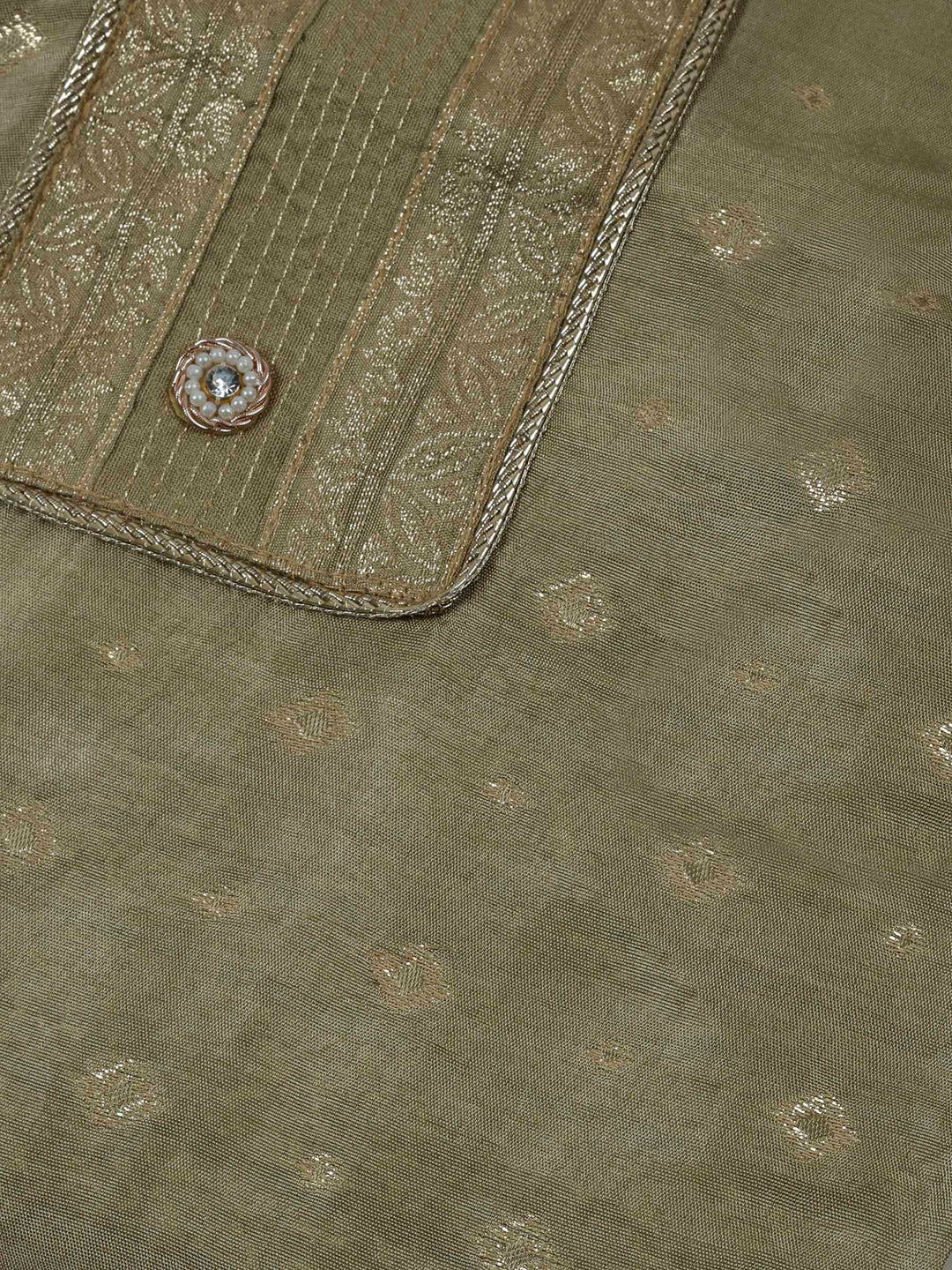 Beige Chanderi Embroidered Unstitched Dress Material