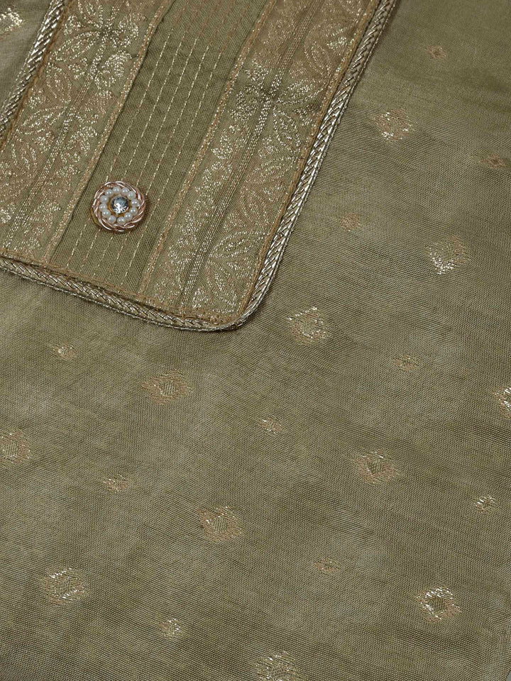 Beige Chanderi Embroidered Unstitched Dress Material