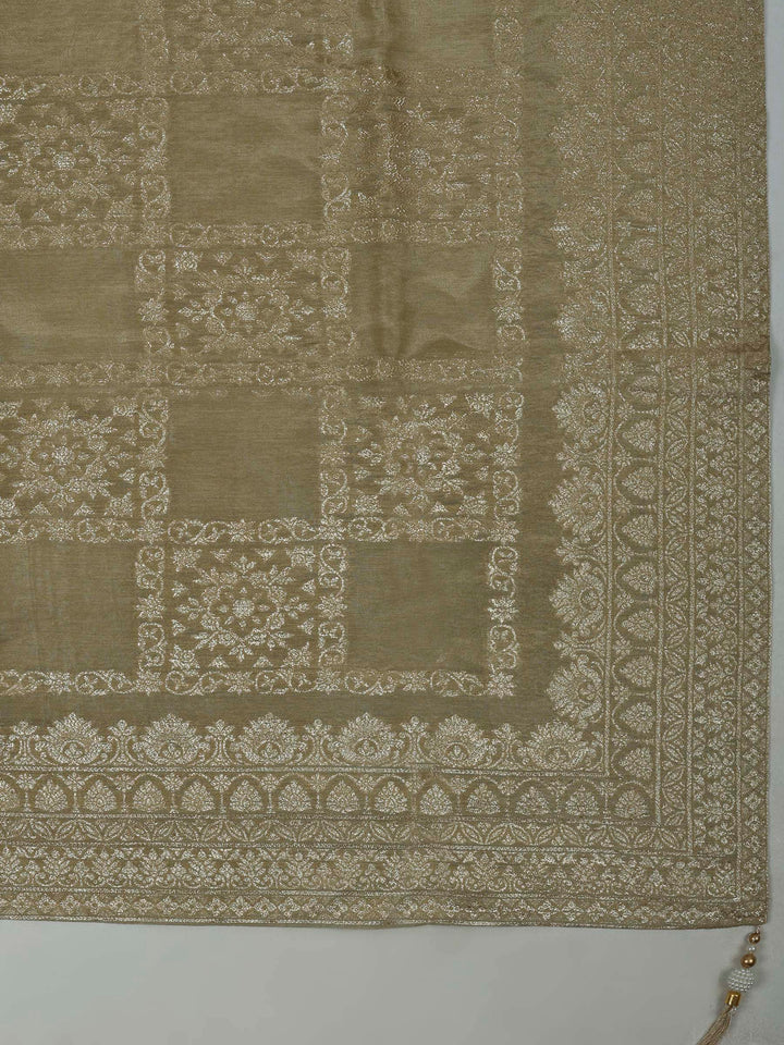 Beige Chanderi Embroidered Unstitched Dress Material