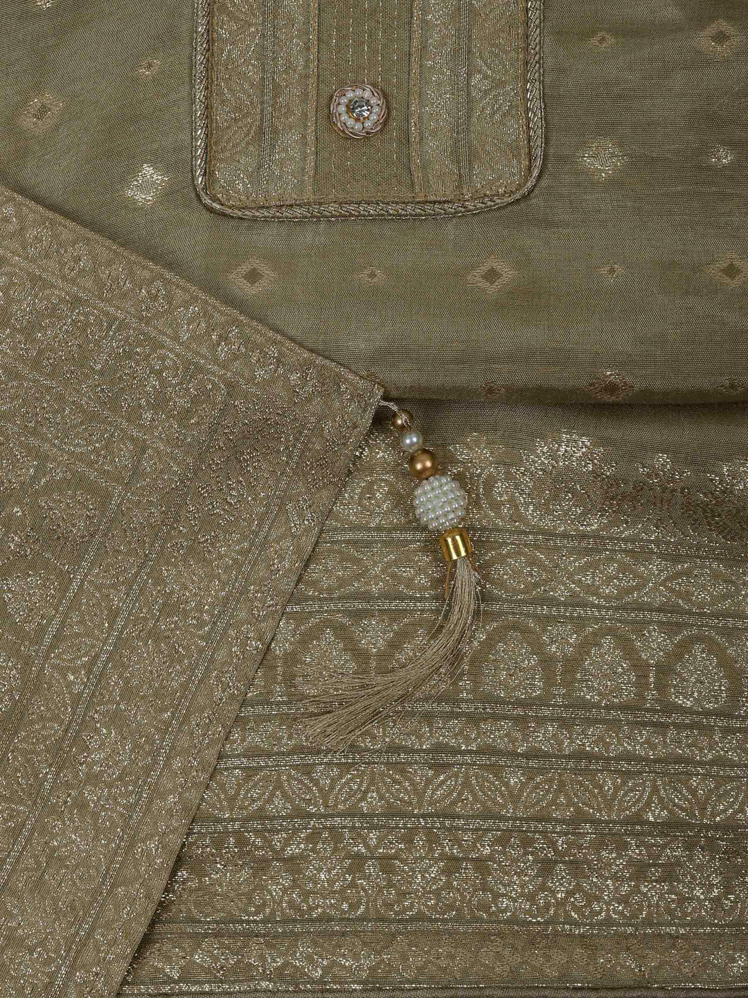 Beige Chanderi Embroidered Unstitched Dress Material