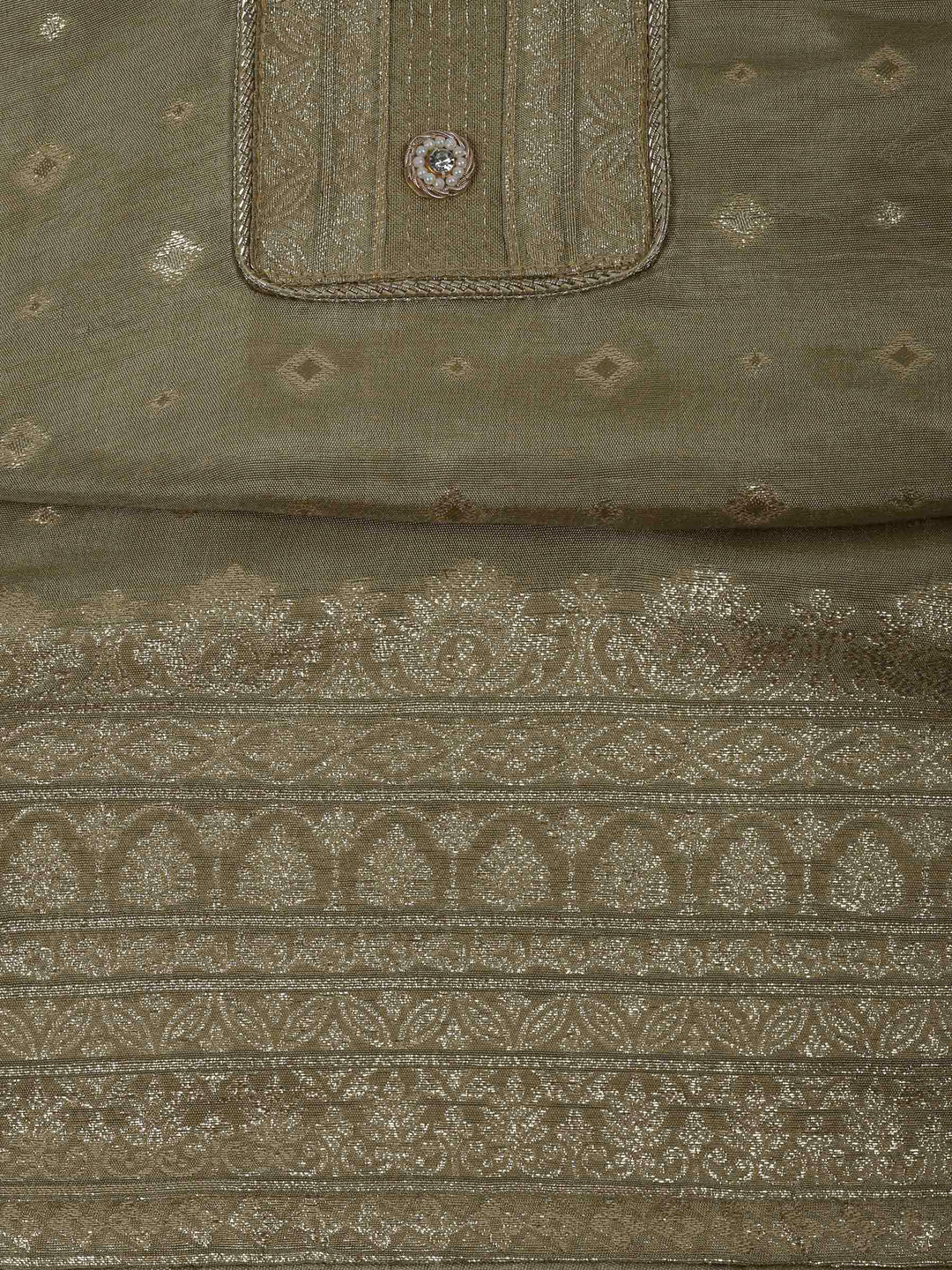 Beige Chanderi Embroidered Unstitched Dress Material