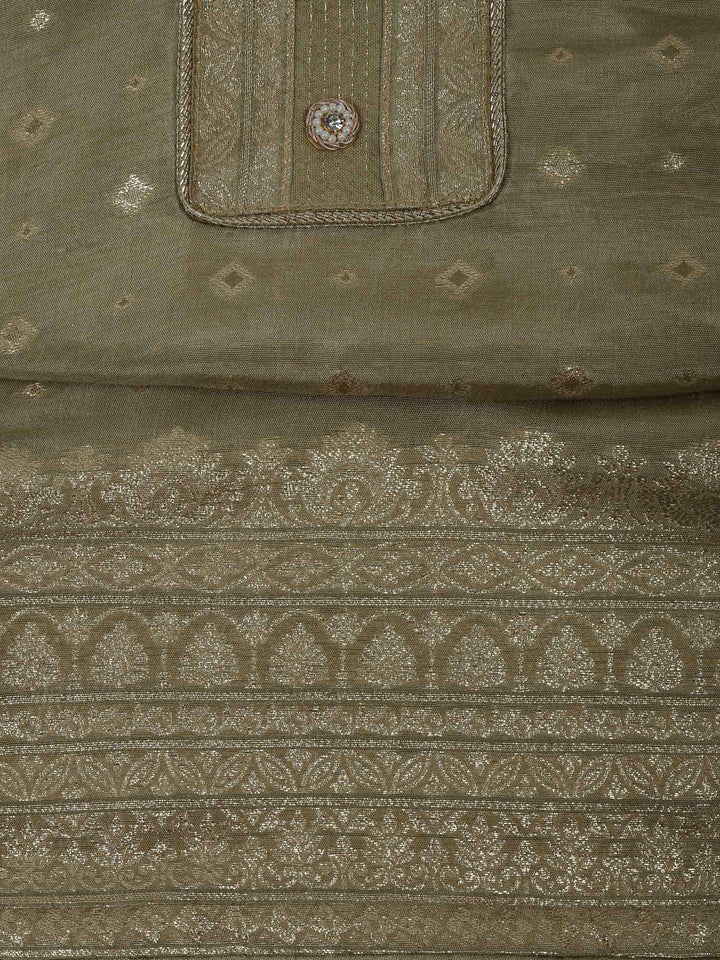 Beige Chanderi Embroidered Unstitched Dress Material