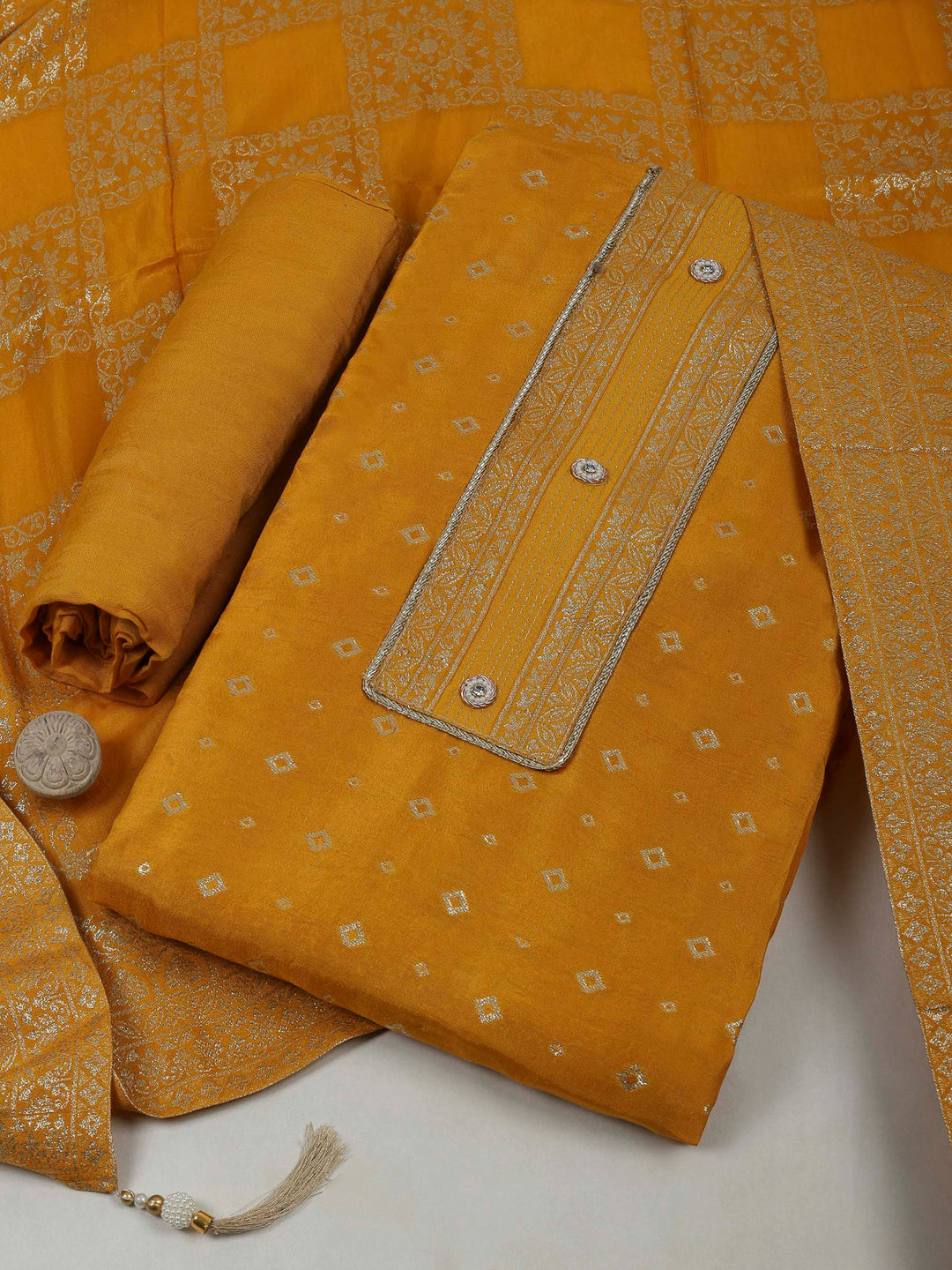 Mustard Chanderi Embroidered Unstitched Dress Material