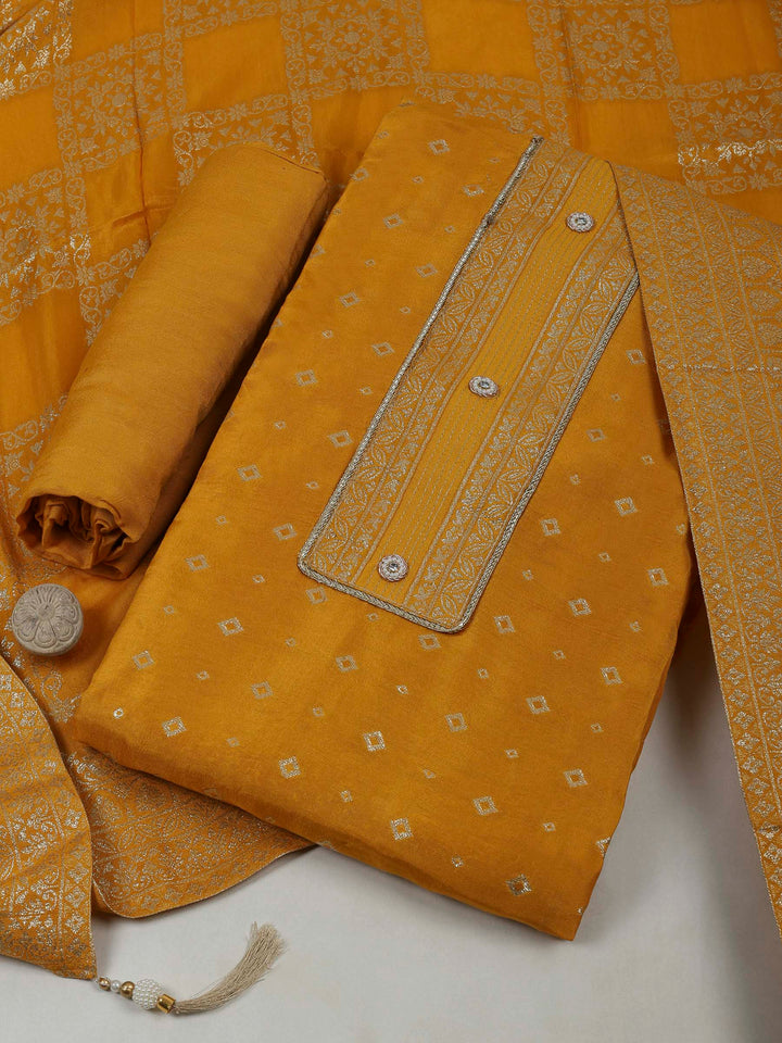Mustard Chanderi Embroidered Unstitched Dress Material