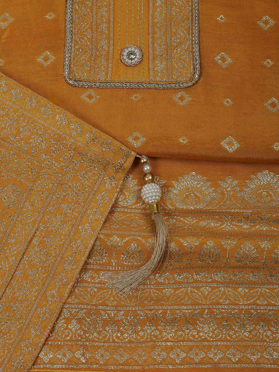 Mustard Chanderi Embroidered Unstitched Dress Material