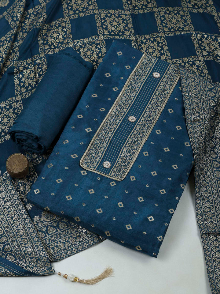 Teal Blue Chanderi Embroidered Unstitched Dress Material