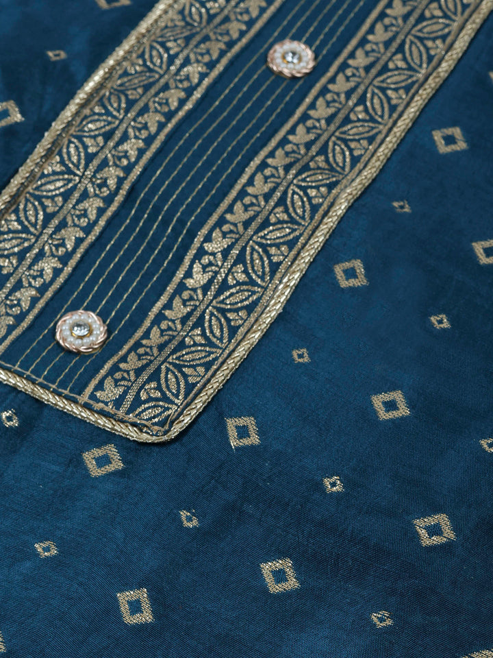 Teal Blue Chanderi Embroidered Unstitched Dress Material