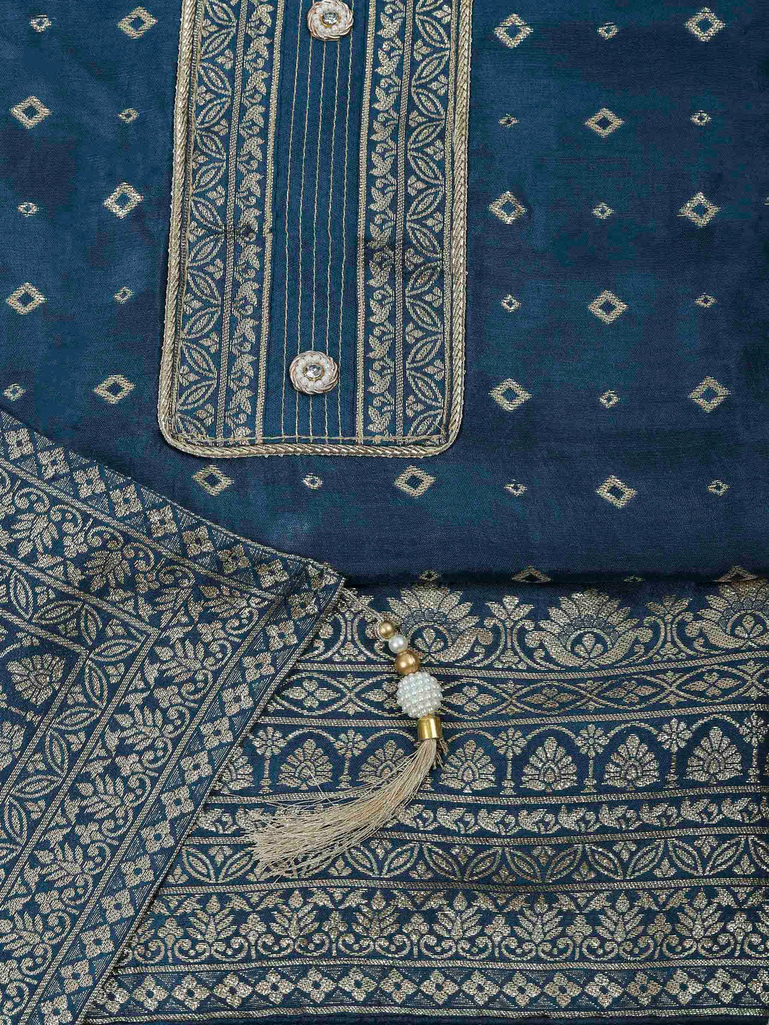 Teal Blue Chanderi Embroidered Unstitched Dress Material