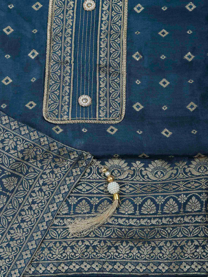 Teal Blue Chanderi Embroidered Unstitched Dress Material