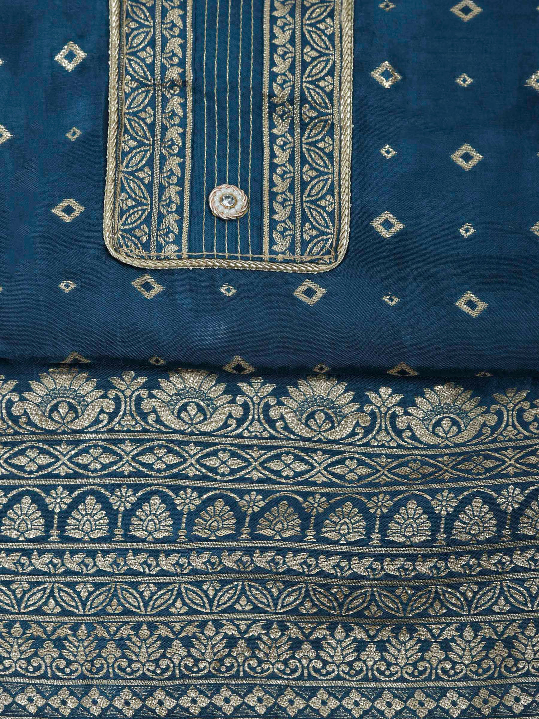 Teal Blue Chanderi Embroidered Unstitched Dress Material