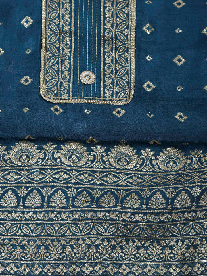 Teal Blue Chanderi Embroidered Unstitched Dress Material