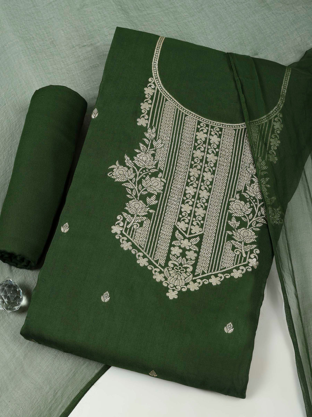 Bottle Green Cotton Blend Embroidered Unstitched Dress Material