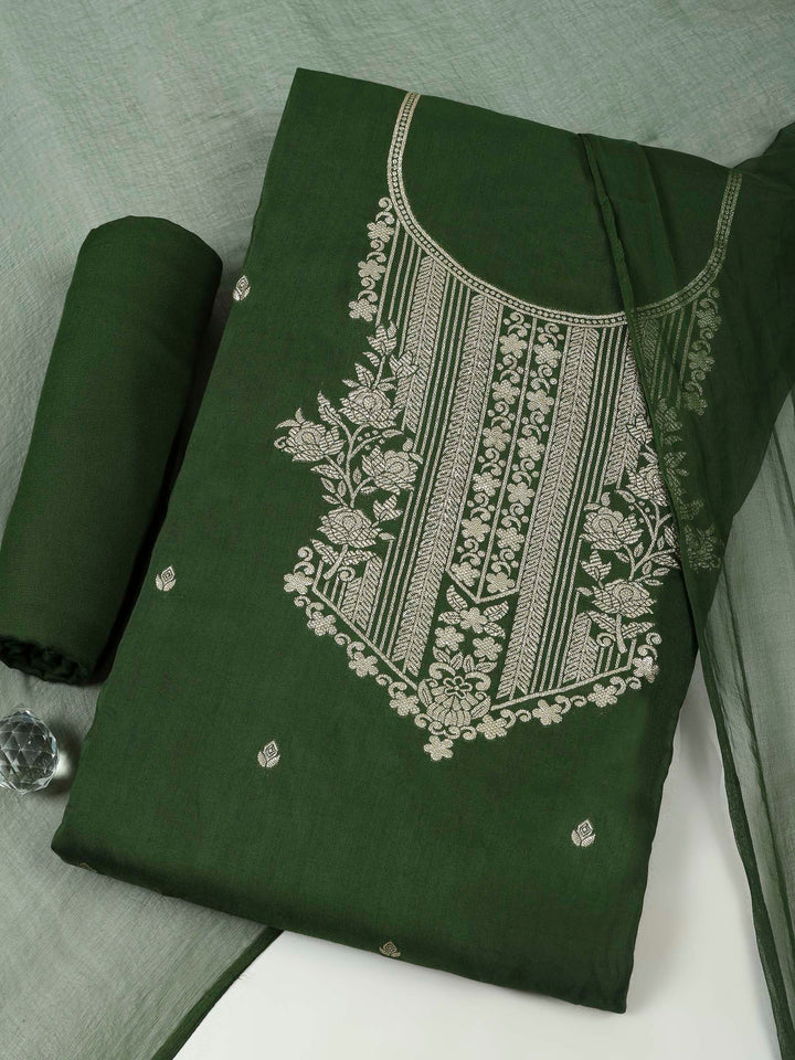 Bottle Green Cotton Blend Embroidered Unstitched Dress Material