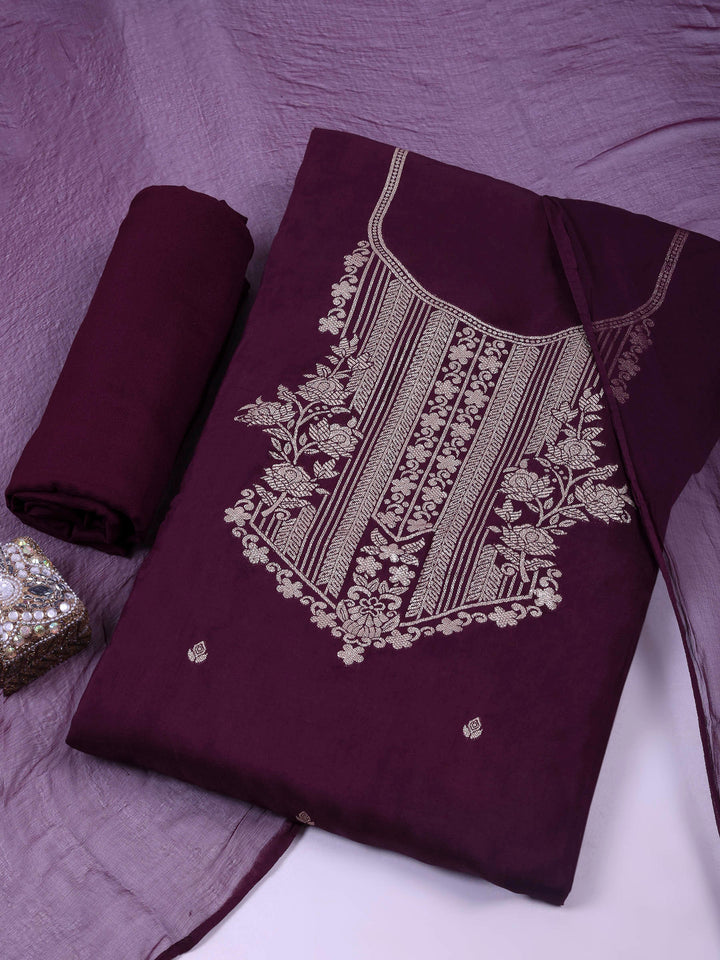 Wine Cotton Blend Embroidered Unstitched Dress Material