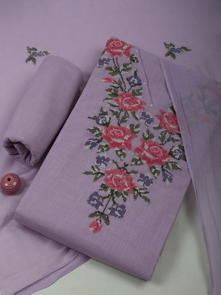 Lavender Cotton Blend Embroidered Unstitched Dress Material