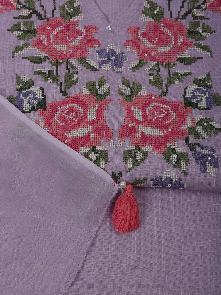Lavender Cotton Blend Embroidered Unstitched Dress Material
