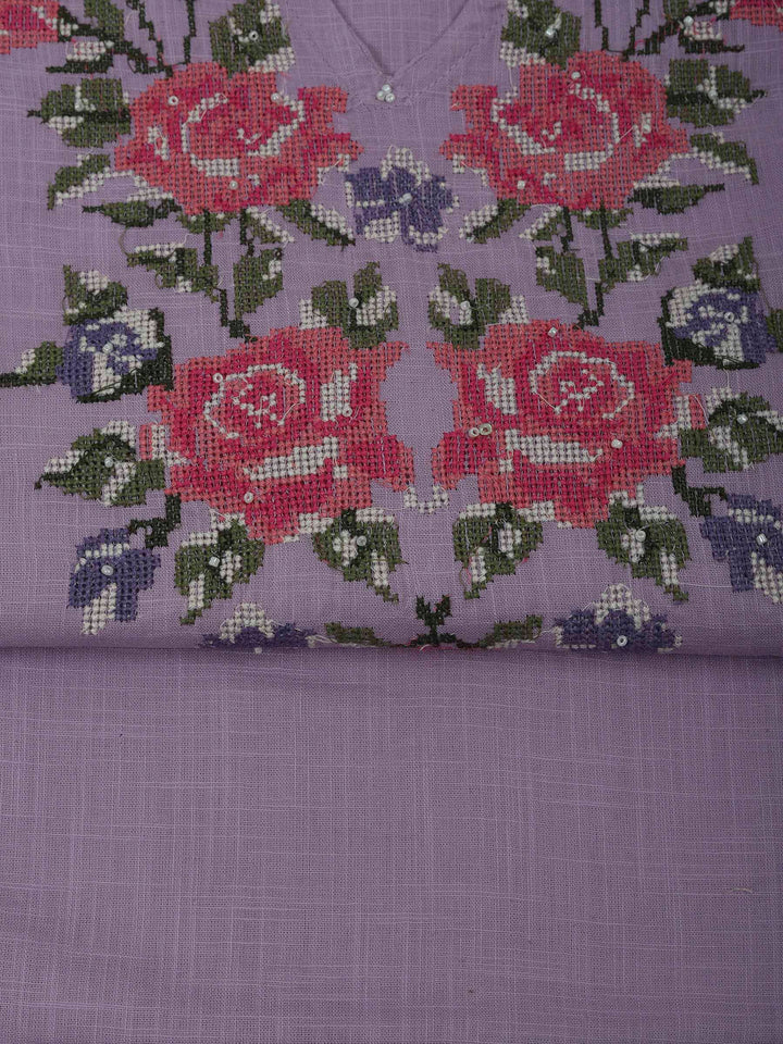 Lavender Cotton Blend Embroidered Unstitched Dress Material
