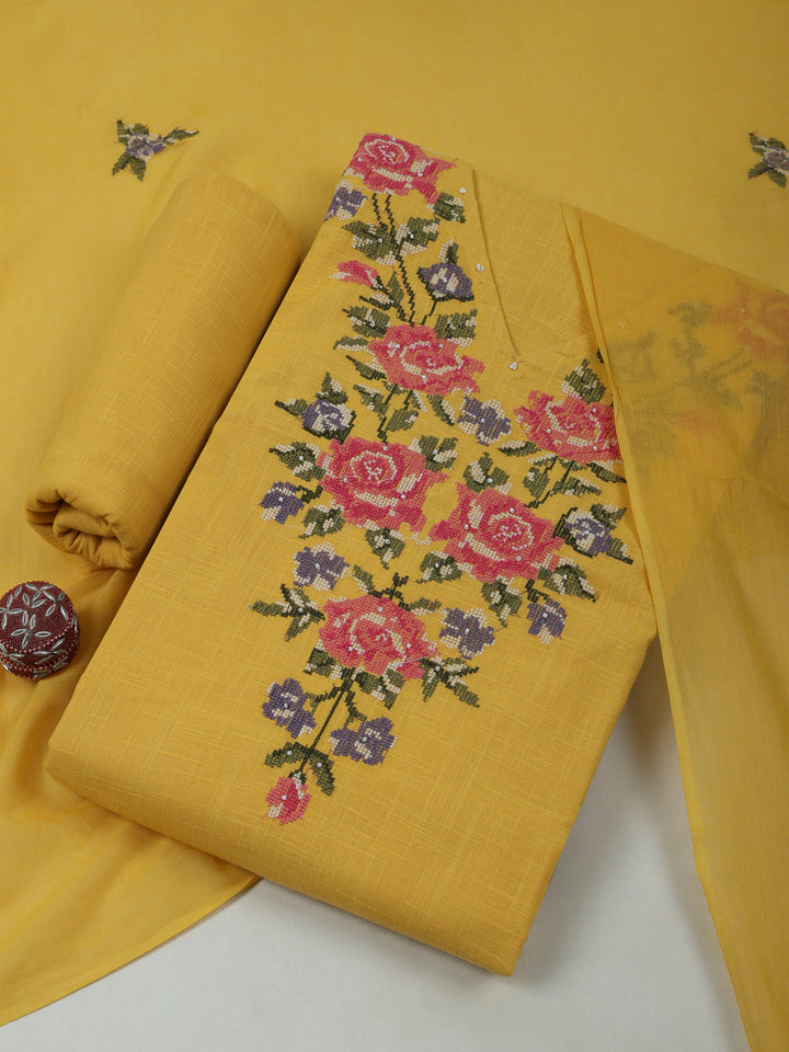 Mustard Cotton Blend Embroidered Unstitched Dress Material