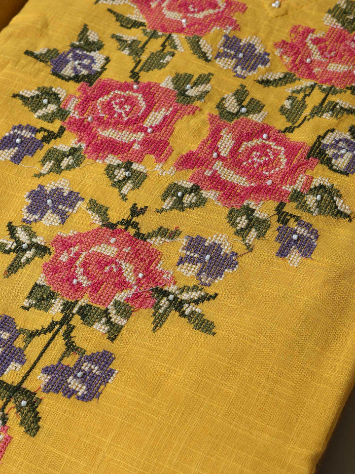Mustard Cotton Blend Embroidered Unstitched Dress Material