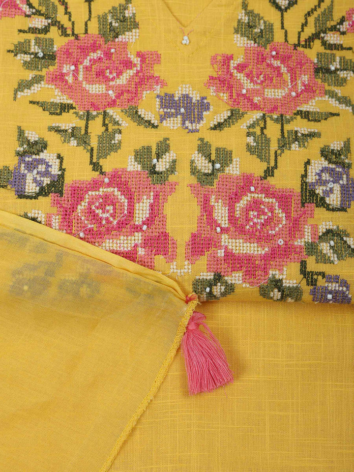 Mustard Cotton Blend Embroidered Unstitched Dress Material