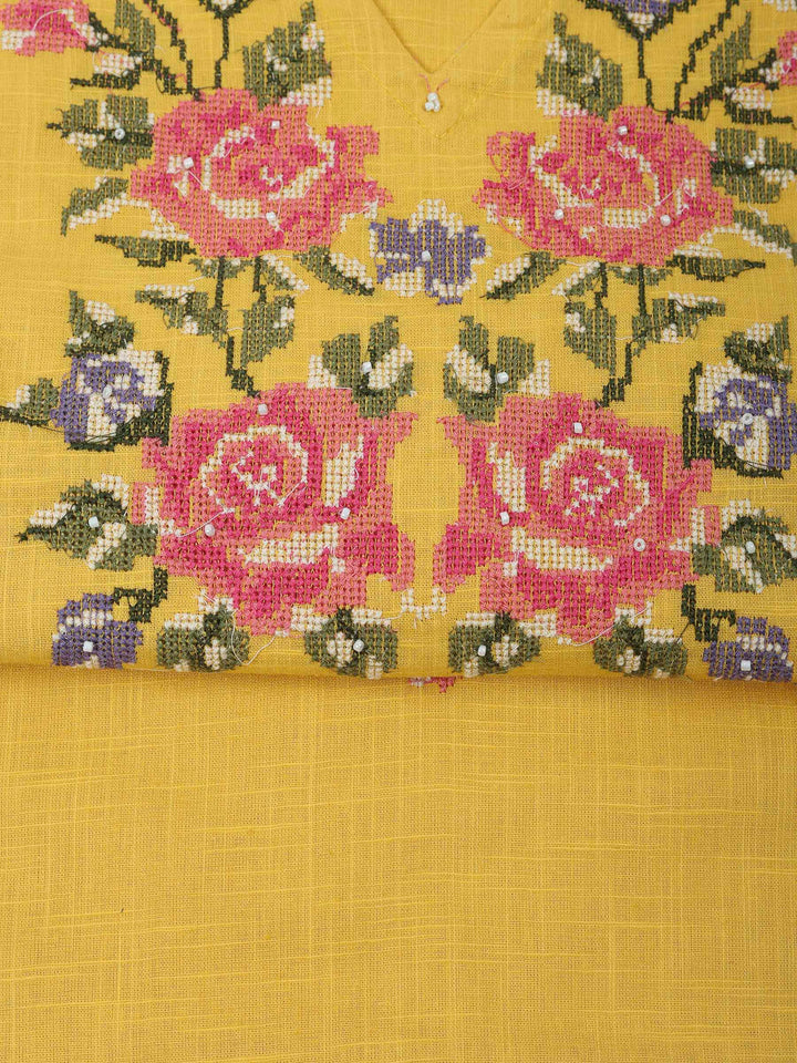 Mustard Cotton Blend Embroidered Unstitched Dress Material