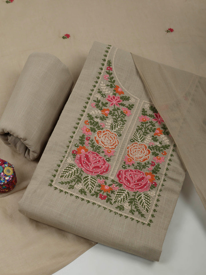Beige Cotton Blend Embroidered Unstitched Dress Material