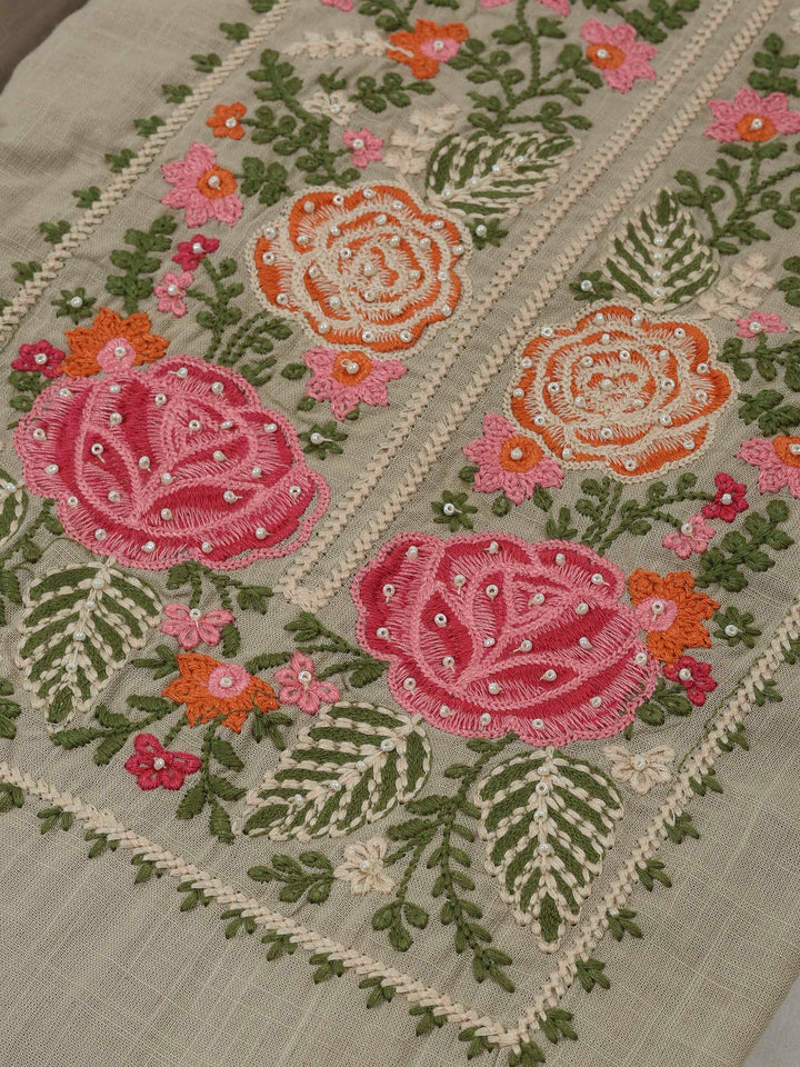 Beige Cotton Blend Embroidered Unstitched Dress Material