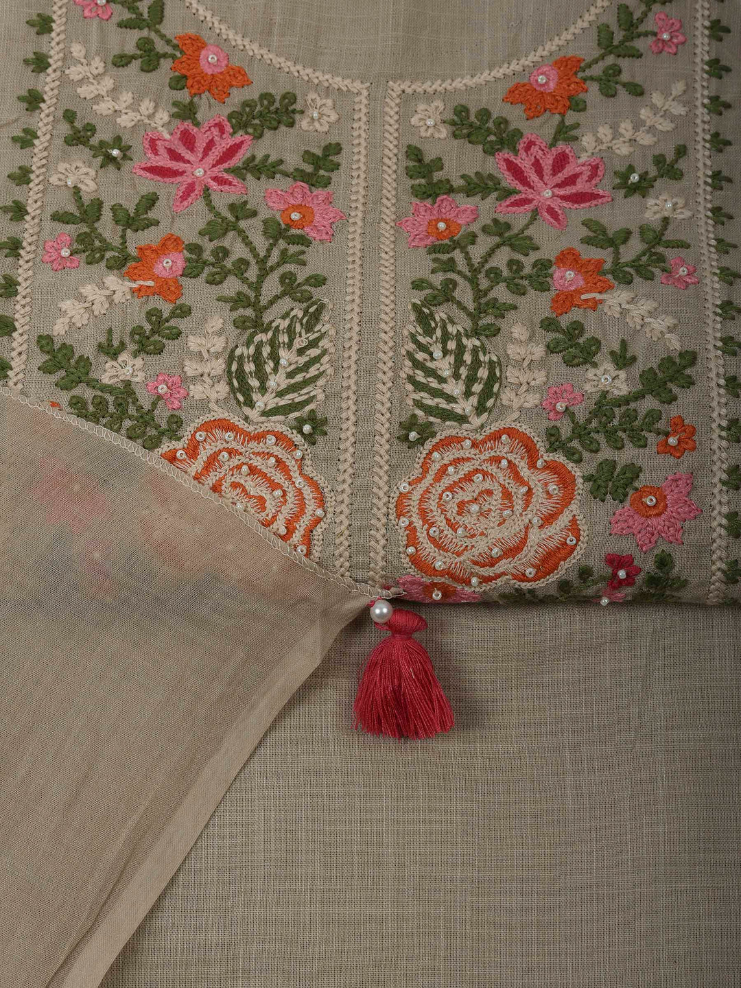 Beige Cotton Blend Embroidered Unstitched Dress Material