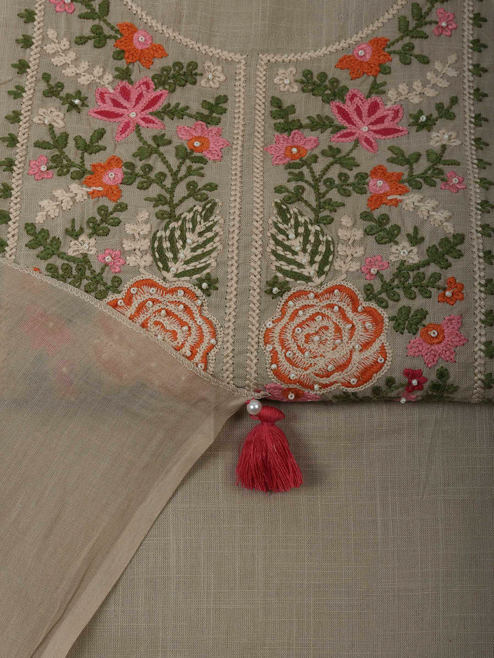 Beige Cotton Blend Embroidered Unstitched Dress Material