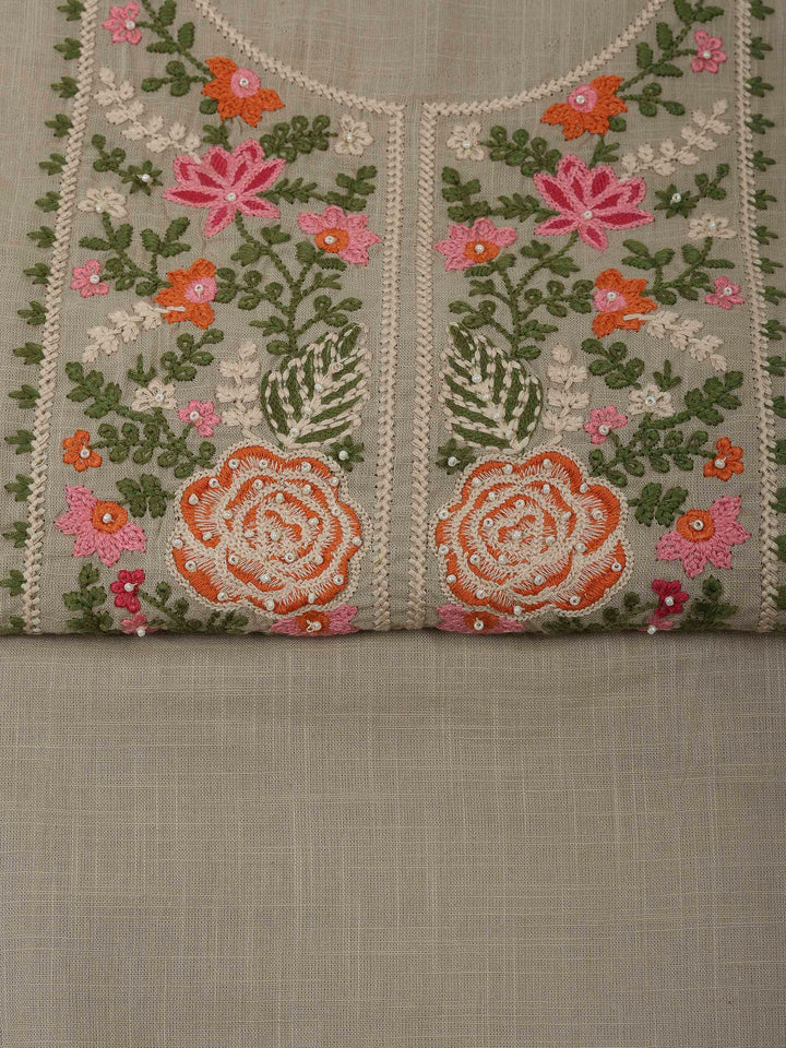 Beige Cotton Blend Embroidered Unstitched Dress Material