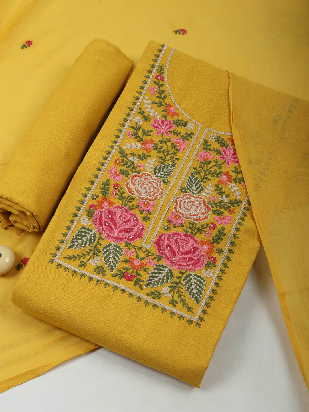Mustard Cotton Blend Embroidered Unstitched Dress Material