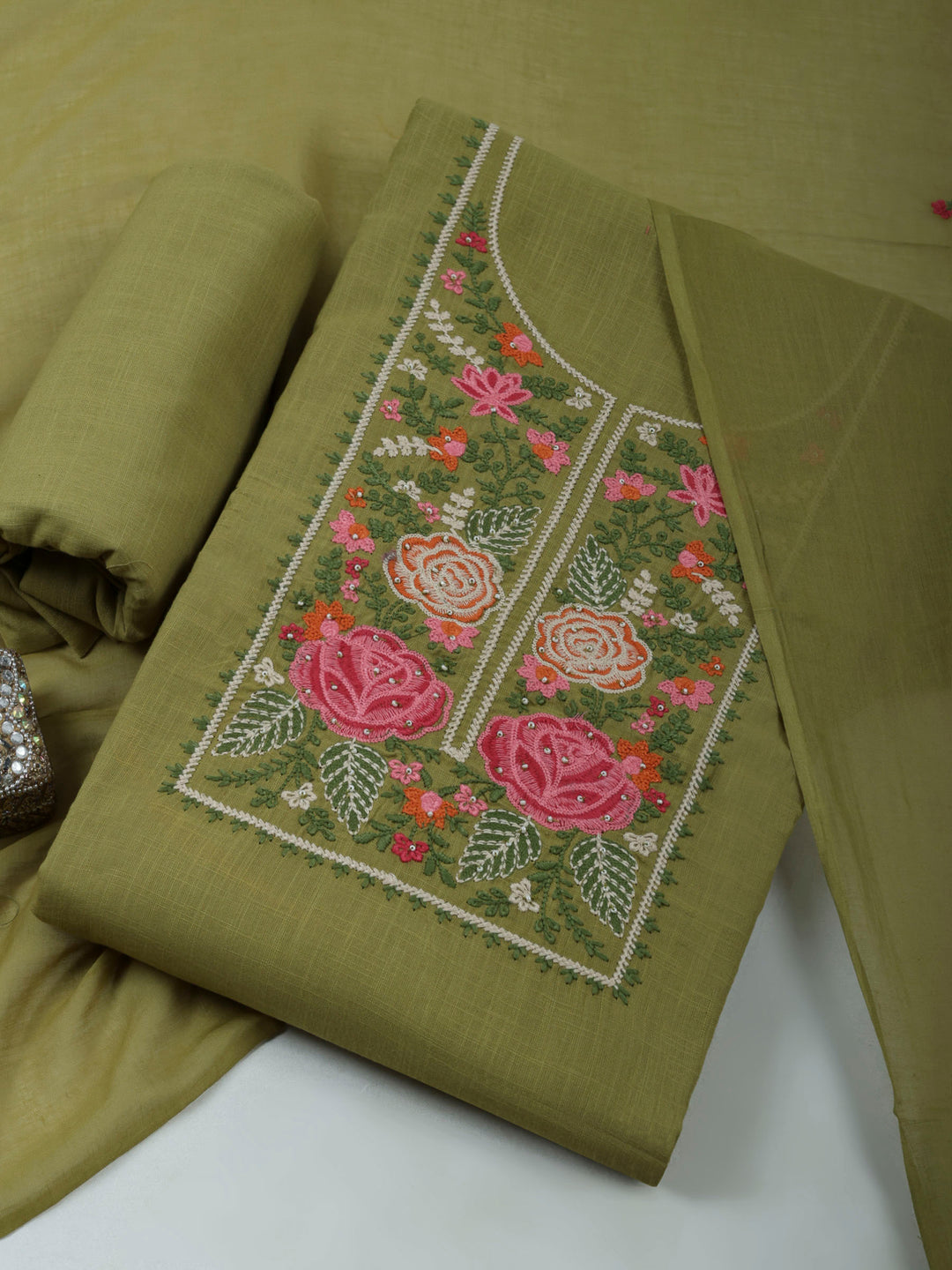 Pista Green Cotton Blend Embroidered Unstitched Dress Material