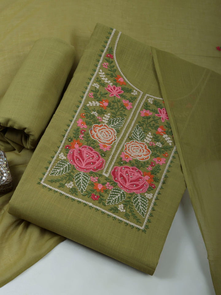 Pista Green Cotton Blend Embroidered Unstitched Dress Material