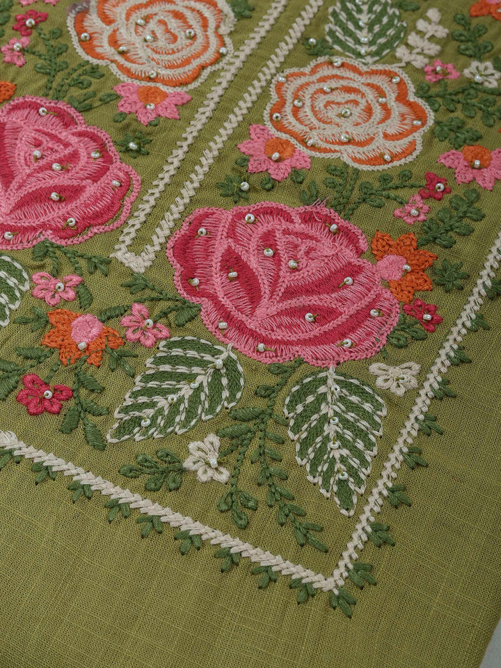 Pista Green Cotton Blend Embroidered Unstitched Dress Material