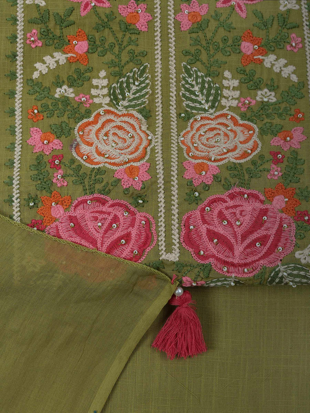 Pista Green Cotton Blend Embroidered Unstitched Dress Material