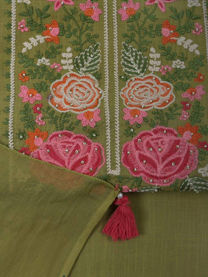 Pista Green Cotton Blend Embroidered Unstitched Dress Material