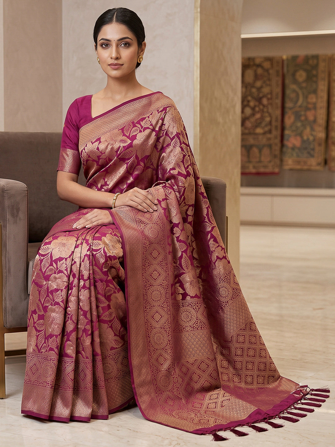 Wine Art Silk Woven Saree