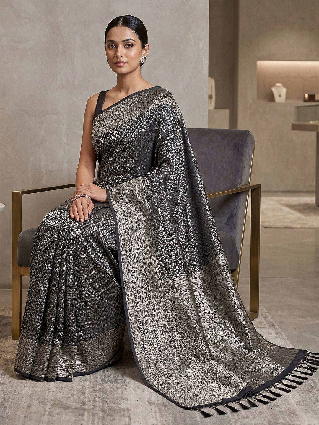 Black Art Silk Woven Saree