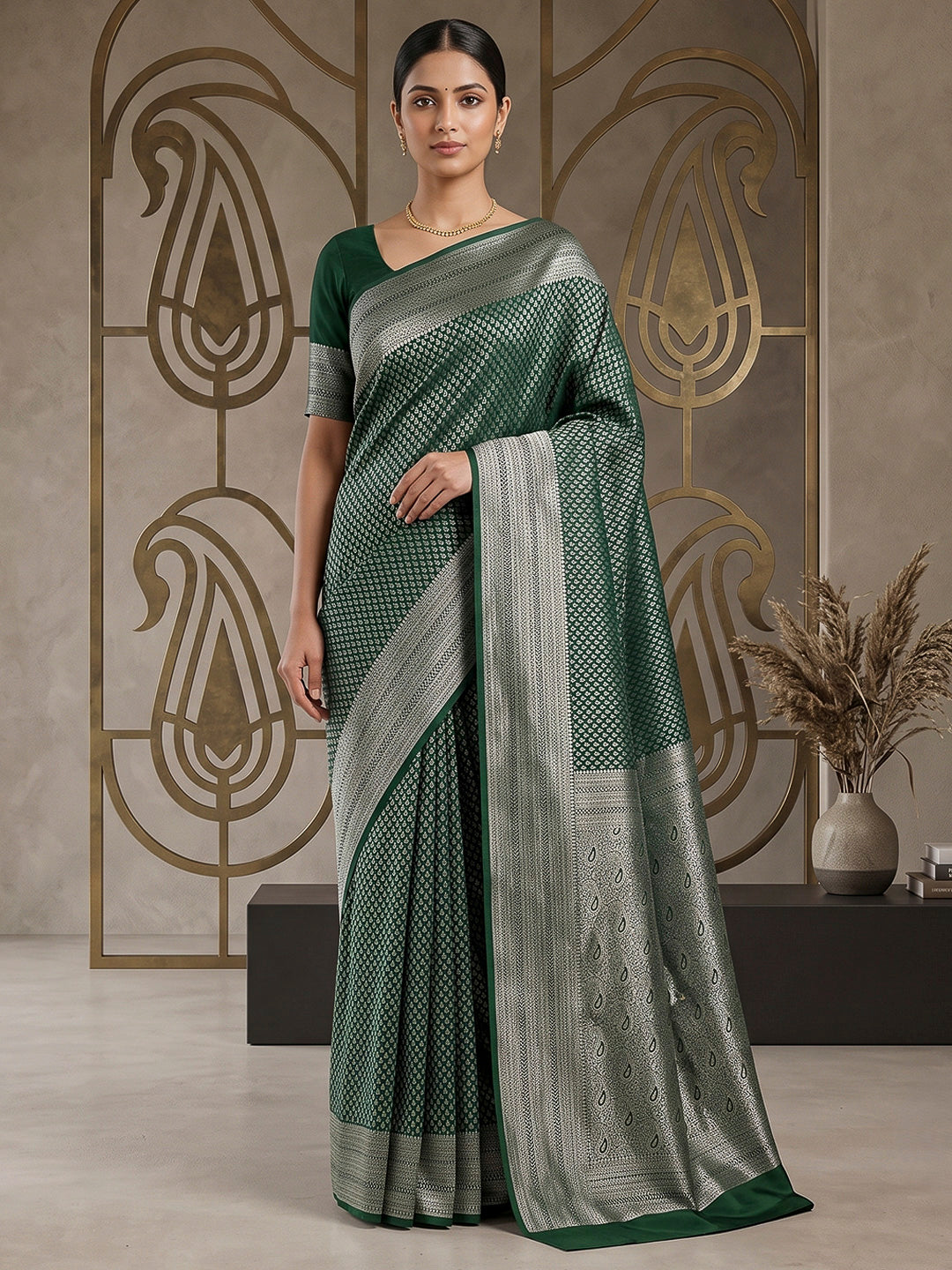 Bottle-Green Art Silk Woven Saree