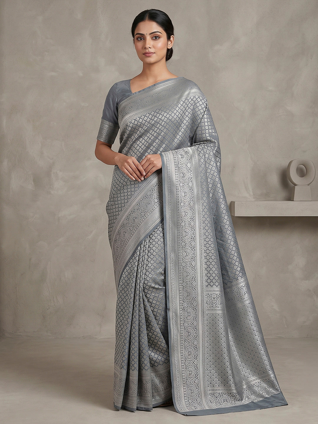 Grey Art Silk Woven Saree