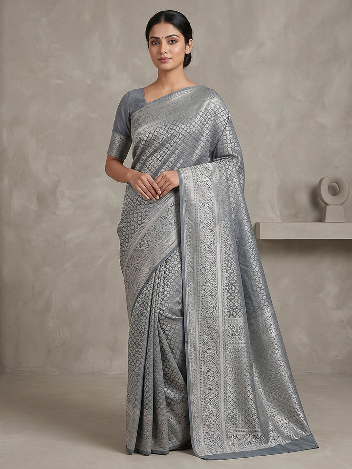 Grey Art Silk Woven Saree