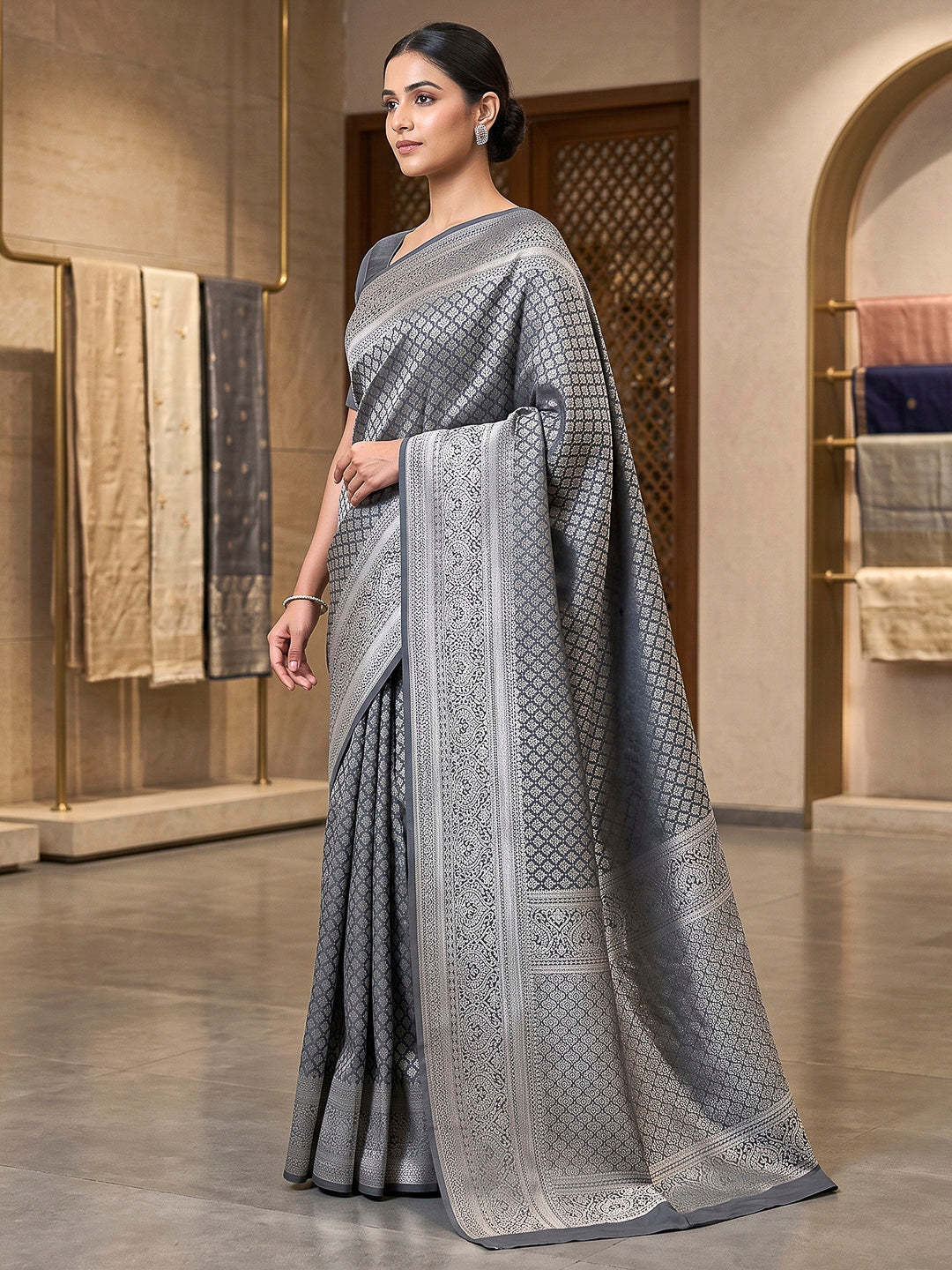 Grey Art Silk Woven Saree