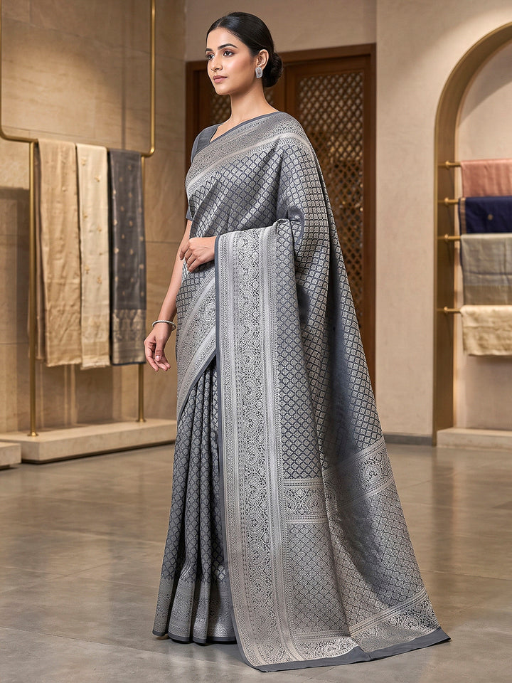 Grey Art Silk Woven Saree