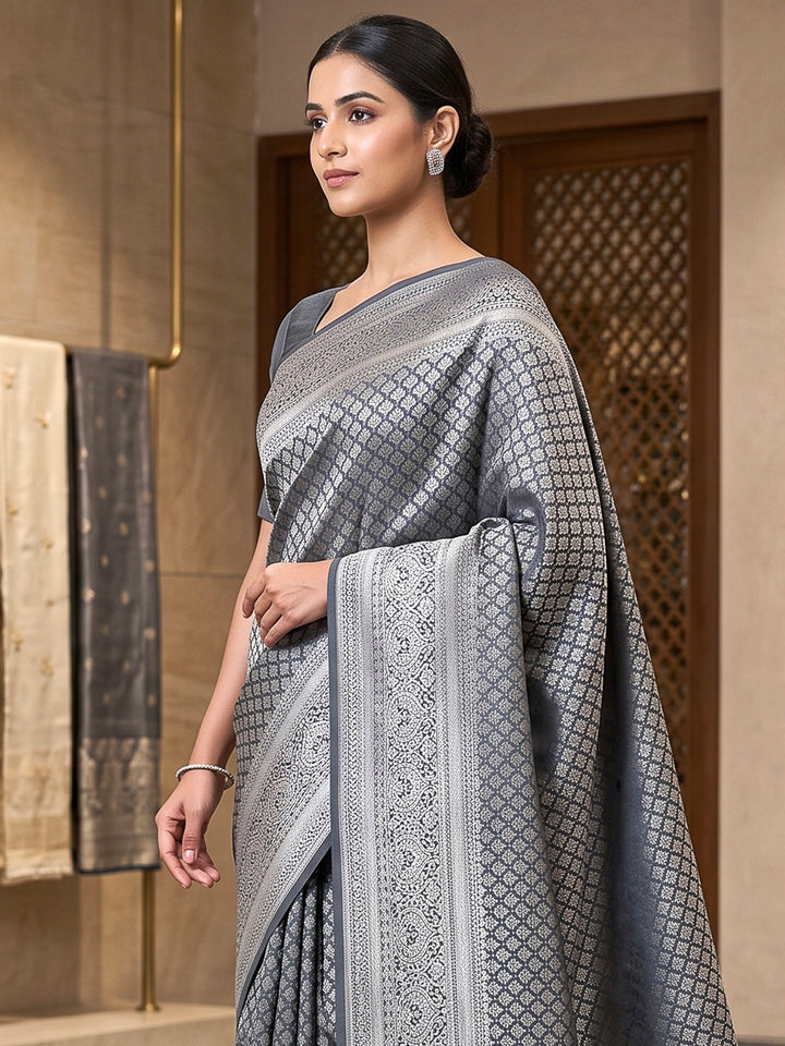 Grey Art Silk Woven Saree